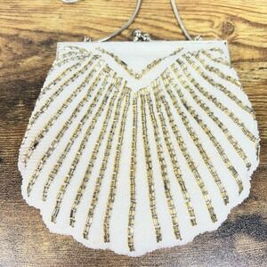 Vintage Beaded Shell Purse Handmade Metal Strap Evening Clutch Bag White Gold